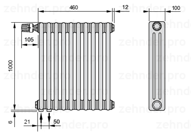 Схема (чертеж) Радиатор Zehnder Charleston 3100/10 №V001 Белый глянцевый RAL 9016